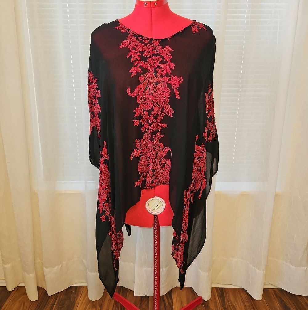 Maggie Barnes Black Sheer Poncho with Red Floral Embroidery